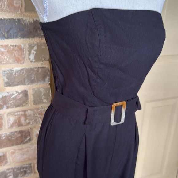 Monteau Black Strapless Jumpsuit Belted Linen Blend Wide-Leg Palazzo Style Sz M - Picture 4 of 13